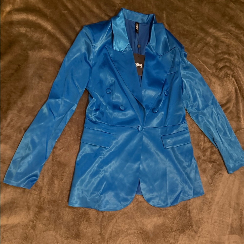 STYLEWE Vibrant Blue Satin Double Breasted Women Blazer